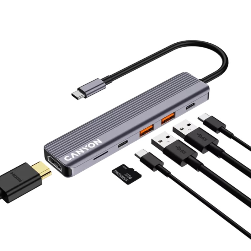 USB Type-C šakotuvas CANYON DS-17 — HDMI, USB 3.2 Gen 1 A, USB-C, MicroSD, 10000 Mbit/s, pilkas