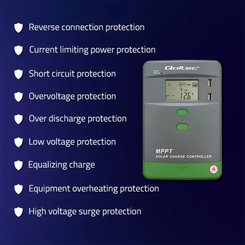 MPPT saulės energijos įkrovos reguliatorius QOLTEC 10A 12V/24V sistemoms su LCD ekranu