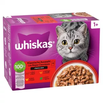 Šlapio kačių maisto maišeliai Whiskas asortimentas 80 x 85 g — mišri paukštiena, aviena, jautiena, vištiena