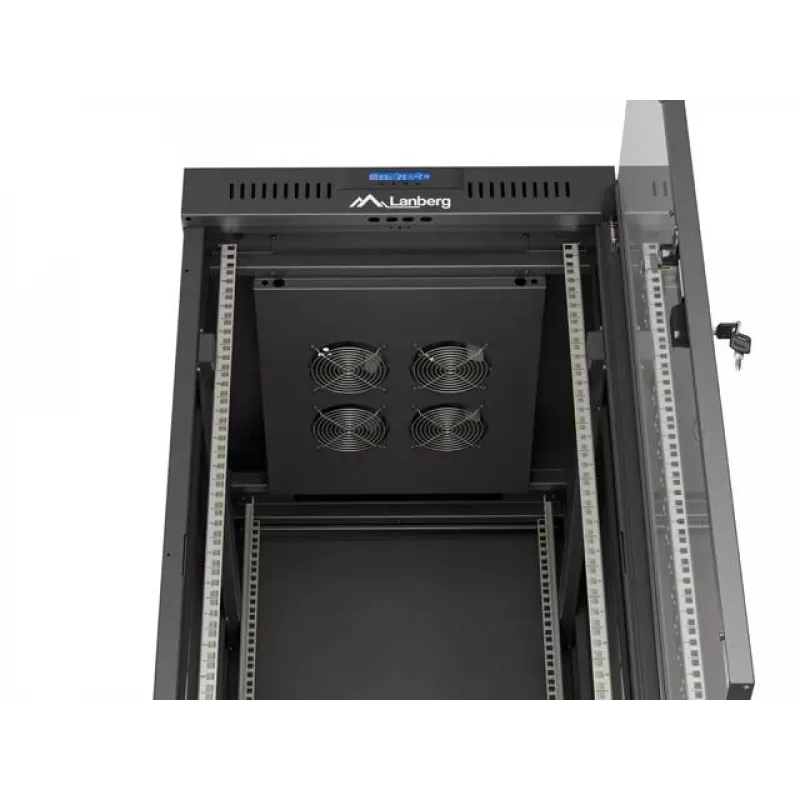 Stovintis 19 colių 24U montavimo spinta LANBERG 600x800 mm juoda su stiklinėmis durelėmis ir LCD išpjova (plokščia pakuotė) v2