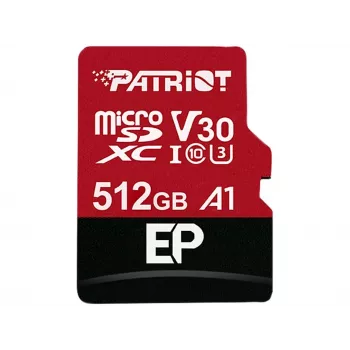 „MicroSDXC“ atminties kortelė PATRIOT 512 GB UHS‑I U3 V30 Class 10, skaitymo greitis iki 90 MB/s, komplekte adapteris
