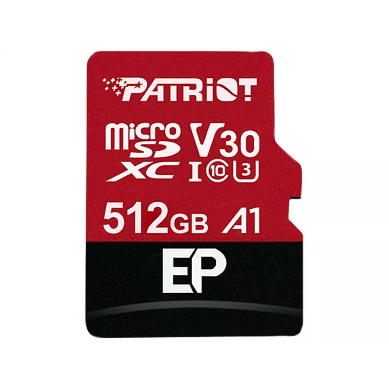 „MicroSDXC“ atminties kortelė PATRIOT 512 GB UHS‑I U3 V30 Class 10, skaitymo greitis iki 90 MB/s, komplekte adapteris