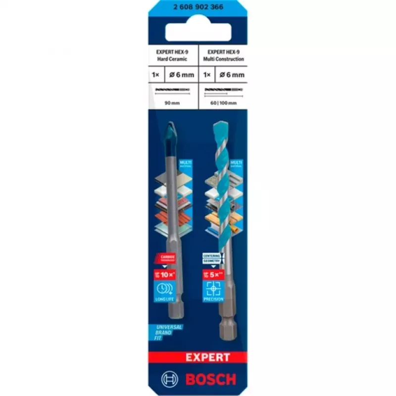 Grąžtų rinkinys „Bosch Expert HEX-9 MultiConstruction“ 6 mm, 2 vnt.
