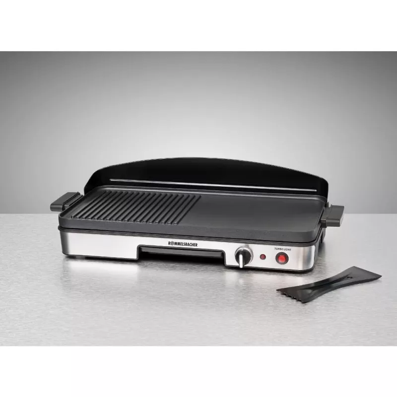 Elektrinis stalo grilis Rommelsbacher BBQ 2003 — 1900 W, 50×25 cm, briaunotas + Teppanyaki, reguliuojamas termostatas, sidabrinė/juoda