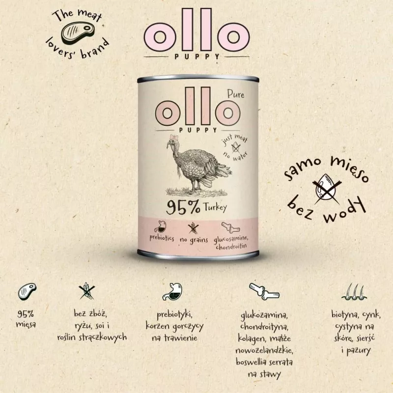 OLLO Puppy Pure Turkey – šlapias šunų ėdalas – 400 g