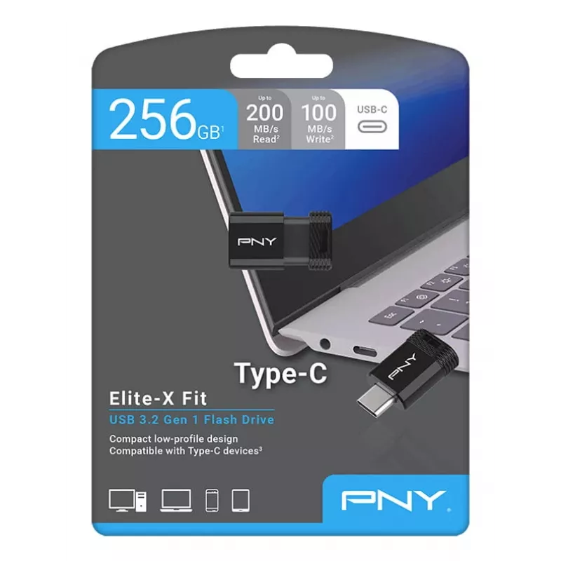 USB atmintinė PNY Elite-X 256 GB USB Type-C 3.2 Gen 1 (Skaitymas 200 MB/s, Rašymas 100 MB/s) Juoda