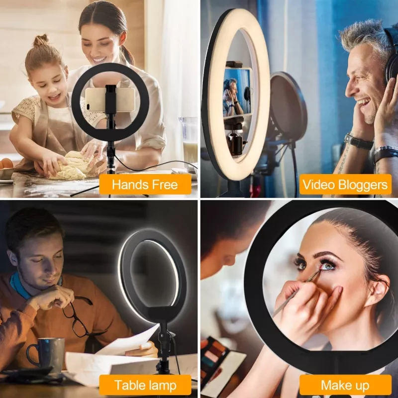 Maclean MCE610 10 12W LED žiedinis apšvietimas su trikoju stovu ir Bluetooth užraktu, 3 spalvos, 10 ryškumo lygių, 10%–100% reguliuojamas ryškumas, 160 LED, išmaniojo telefono laikiklis