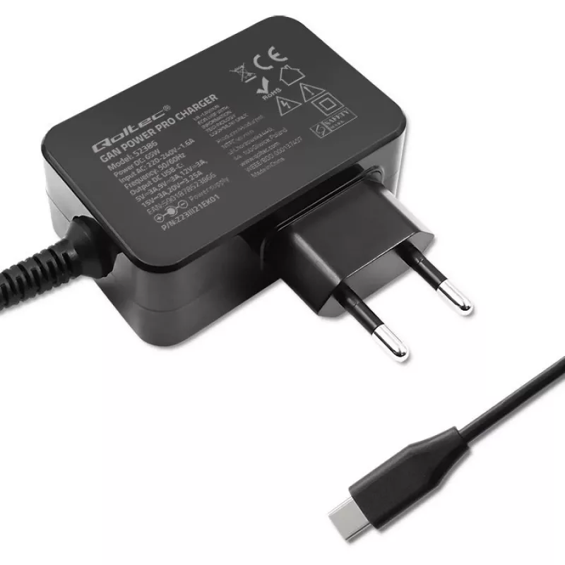 Qoltec 52386 GaN POWER PRO įkroviklis | 1xUSB-C | 65 W | 5–20 V | 3–3,25 A | juodas