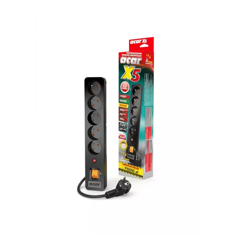 Acar X5/1,5 ilgintuvas 5 lizdai su apsauga nuo viršįtampių 1,5 m Acar X5-Black