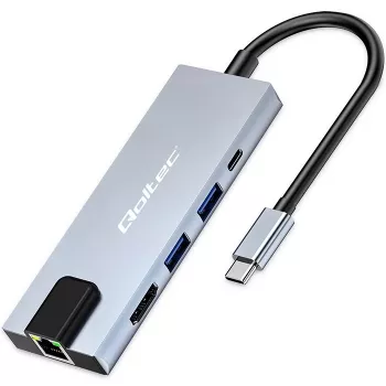 USB-C stotelė QOLTEC 53795 5‑in‑1 su 100W PD, 2×USB-A, HDMI 4K, RJ45