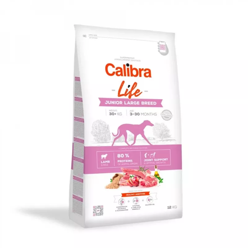 Sausas šunų ėdalas Calibra Life Junior Large Breed Lamb 12 kg — sausas trupininis ėdalas didelių veislių šuniukams, 28 % baltymų, 15 % riebalų