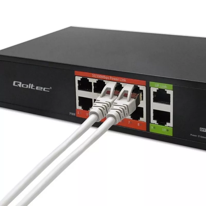 Tinklo komutatorius QOLTEC FAST Ethernet PoE 8xRJ45 su 2xRJ45 aukštyninio ryšio prievadais (modelis 52290)