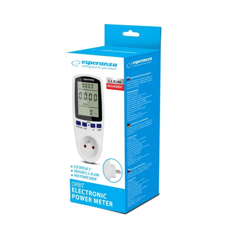 Energijos suvartojimo matuoklis ESPERANZA ELA103 su LCD ekranu — 16 A, 3680 W, 230 V, 50–60 Hz