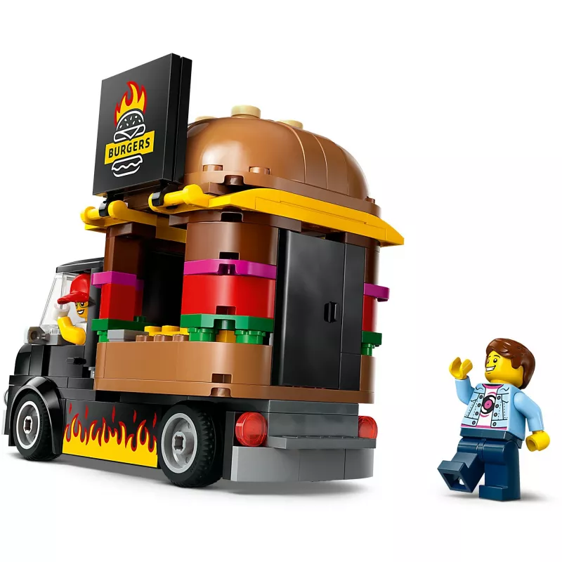 LEGO City Burger Van – maisto sunkvežimio žaislas 5 metų ir vyresniems berniukams ir mergaitėms, transporto priemonės konstravimo rinkinys su virtuvės komplektu, pardavėjo minifigūrėle ir aksesuarais