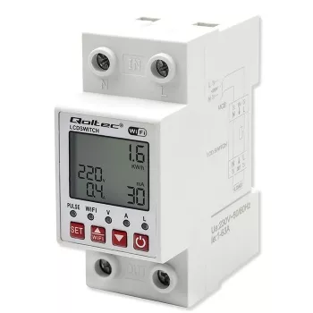 DIN bėgio WiFi relė QOLTEC 50990, vieno kanalo, 63A perjungimas elektros apskaitai ir nuotoliniam valdymui