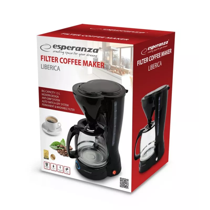 Lašelinis kavos virimo aparatas ESPERANZA EKC009, 1,5 L vandens talpykla, 800 W, stalviršinis, juodas
