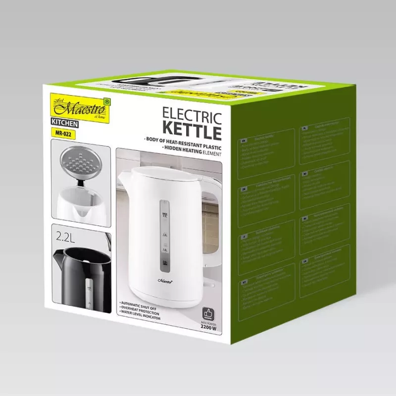 Elektrinis virdulys Maestro MR-022-WHITE, 2,2 l, 1850–2200 W, plastikinis korpusas, 360° pasukamas pagrindas, kalkių filtras, vandens lygio indikatorius