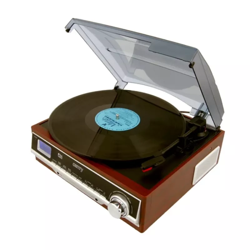Garso patefonas Camry CR 1168 — juodas su medžio apdaila, 33/45 RPM, įmontuoti garsiakalbiai, RCA išvestis