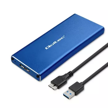 SSD dėžutė QOLTEC 51832 — išorinė M.2 SATA, USB 3.0, iki 2 TB, mėlyna, palaiko 30 mm diskus, 4 lizdai