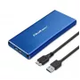 SSD dėžutė QOLTEC 51832 — išorinė M.2 SATA, USB 3.0, iki 2 TB, mėlyna, palaiko 30 mm diskus, 4 lizdai