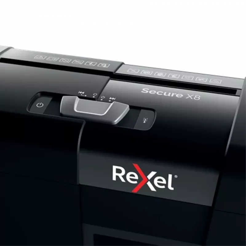 Popieriaus smulkintuvas REXEL Secure X8 — kryžminis pjovimas P-4, 4x40 mm, 8 lapų talpa, 14 l dėžė, juodas