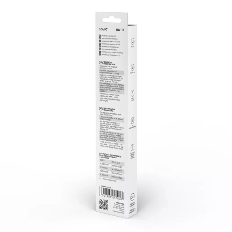 SAVIO universalus televizoriaus nuotolinio valdymo pultas RC-15, skirtas TCL SMART TV, IR belaidis, juodas, veikimo nuotolis 10 m