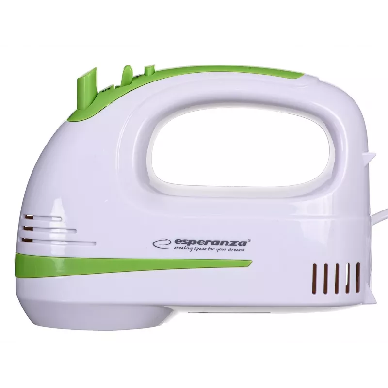 Rankinis plakiklis ESPERANZA EKM011 — 400 W, 5 greičių, turbo, tešlos kabliukai ir plakikliai, 220–240 V, balta / šviesiai žalia