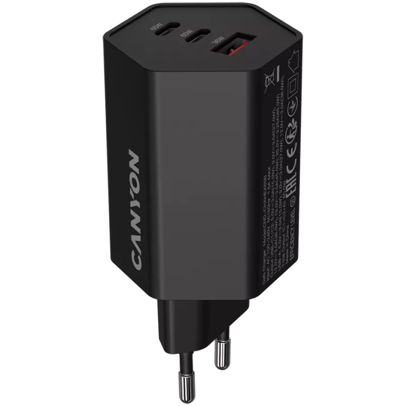 CANYON Įkroviklis HEXAGON 65 GaN 65W 2xPD 1xQC EU Juoda (CND-CHAHEX65B)