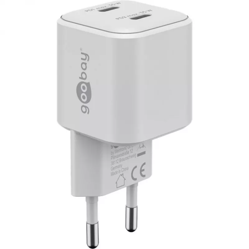 USB-C dvigubas greitasis įkroviklis Nano, PD, GaN, 35 W (baltas, 2x USB-C, Power Delivery 3.0)