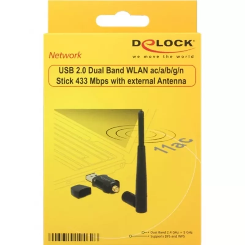 DeLock USB2.0 Dviejų Juostų WLAN ac/a/b/g/n Raktas - Tinklo Adapteris - USB2.0 - 802.11b, 802.11a, 802.11g, 802.11n, 802.11ac - Juodas (12462)