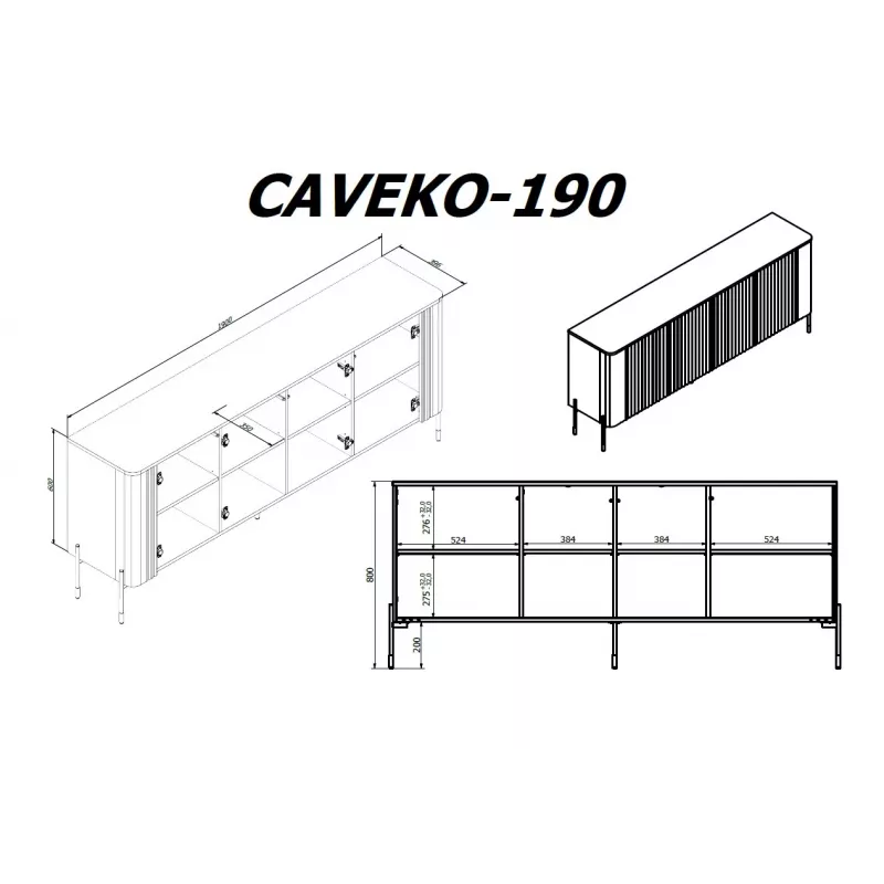 Komoda cama meble VERA 190x40x80 cm, juoda matinė, medžio drožlių plokštė, 16 mm rėmas