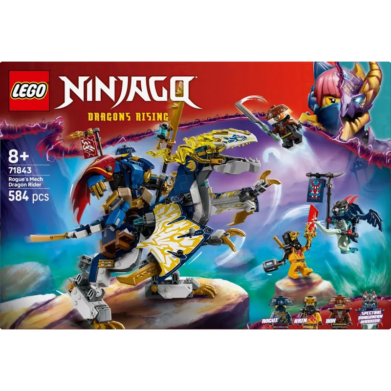 LEGO NINJAGO rinkinys 71843 „Rogue“ mecha drakono raitelis — 584 vnt., 4 minifigūrėlės, 190 mm modelio aukštis