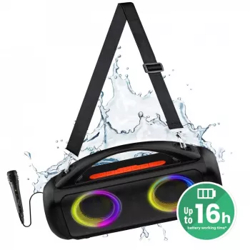 Nešiojamas garsiakalbis MEDIA-TECH MT3184 — Bluetooth 5.3, 60W RMS, IPX5, Li-Ion baterija 16h, USB-C įkrovimas, MicroSD, TWS, mikrofonas, nuotolinio valdymo pultelis