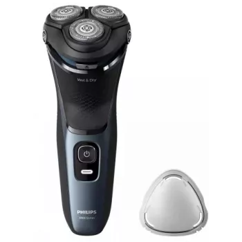 Elektrinė rotacinė skutimosi mašinėlė Philips 3000 Series S3144/00 — 3 galvučių, drėgnam ir sausam skutimuisi, ličio jonų baterija, belaidė, įmontuotas trimeris, juoda / mėlyna