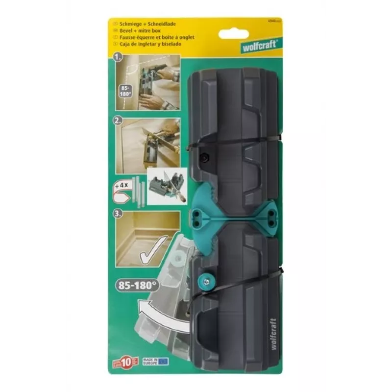 Kampų dėžutė ir mitrinė dėžutė Wolfcraft 6948200 — mitrinis kreiptuvas, matavimas 85–180°, lentoms iki 3 cm, juoda
