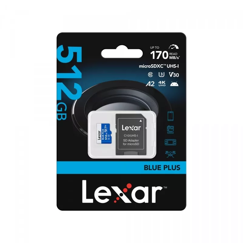 „Lexar BLUE PLUS“ 512 GB „MicroSDXC“ atminties kortelė, UHS‑I, skaitymo greitis 170 MB/s, U3/V30