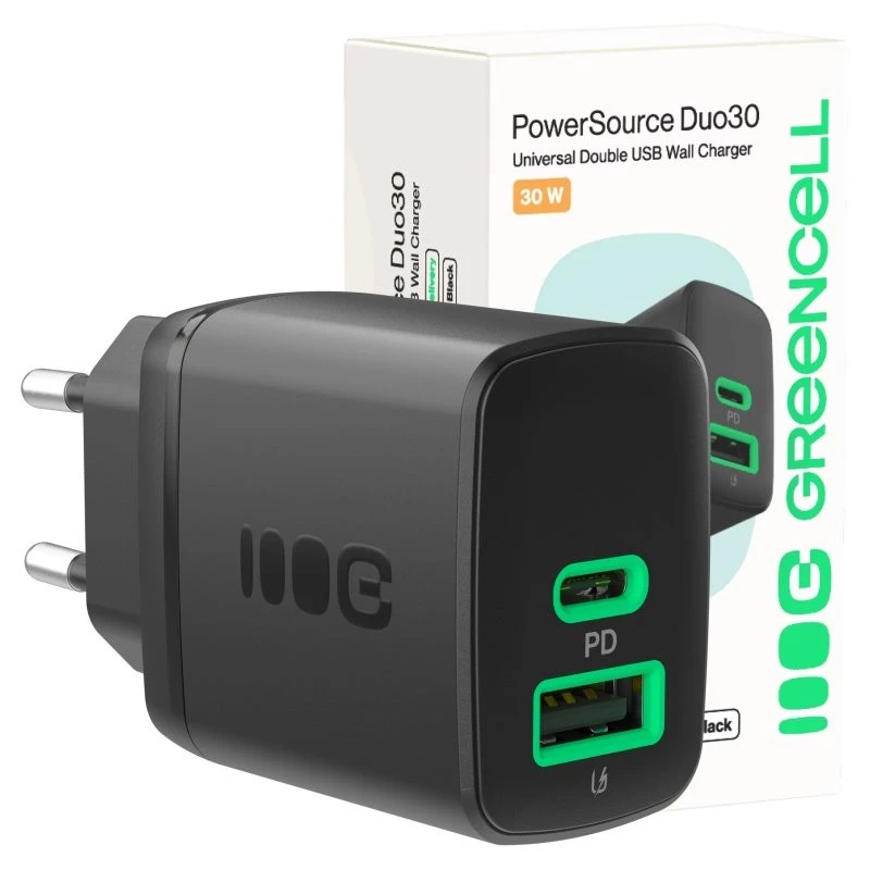 Įkroviklis Green Cell PowerSource Duo30 – 1× USB-A, 1× USB-C, 3A