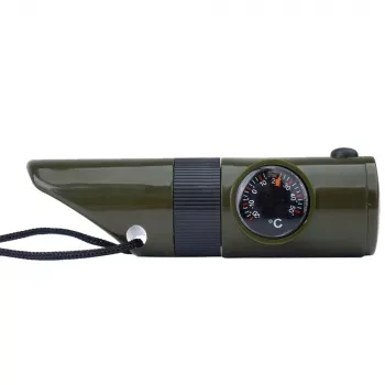 Daugiafunkcis išgyvenimo švilpukas Mil-Tec SP.22073 — 6 viename alyvuogių spalvos, kompasas, termometras, veidrodis, didinamasis stiklas, šviesa, 100×35×30 mm