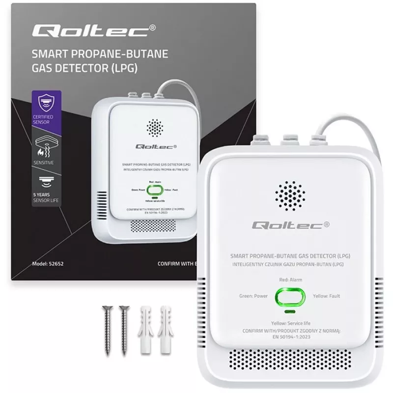 Dujų nuotėkio jutiklis QOLTEC 52652 — propano/butano (SND) detektorius, 85 dB signalizacija, LED indikatorius