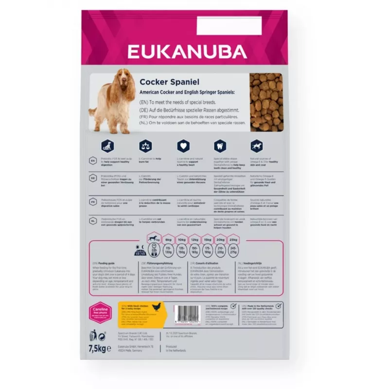 Sausas šunų maistas EUKANUBA Breed Specific Cocker Spaniel 7.5 kg — Vištiena, Suaugę, Oda ir kailis, Širdies palaikymas