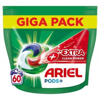 Skalbimo kapsulės „Ariel Extra Clean“ — 60 vnt., iš anksto dozuotos skalbimo kapsulės, skirtos skalbti mašina ir rankomis