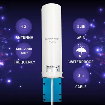 Lauko įvairiakryptė 4G LTE antena QOLTEC 57044, 5 dBi, 600–2700 MHz, 50 W, 50 Ω, baltas varinis korpusas