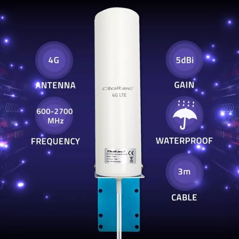 Lauko įvairiakryptė 4G LTE antena QOLTEC 57044, 5 dBi, 600–2700 MHz, 50 W, 50 Ω, baltas varinis korpusas