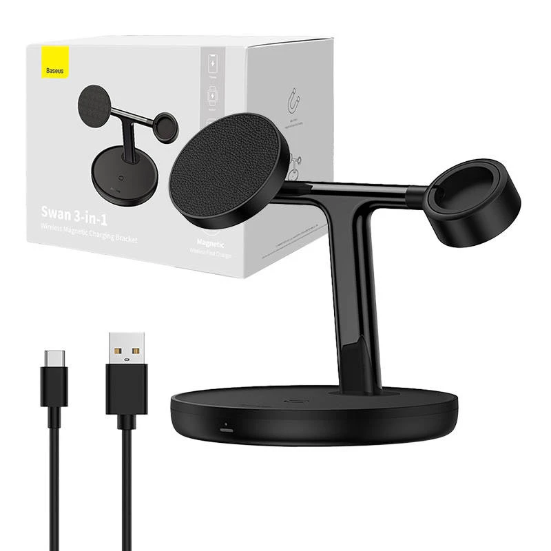 Baseus Swan 3-in-1 belaidis magnetinis įkrovimo laikiklis 20W juodas universalus variantas (su USB-C 3A 1 m kabeliu)