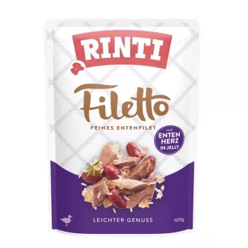 Šlapias šunų ėdalas RINTI Filetto Vištienos filė su anties širdelėmis, 100 g paketėlis, pilnavertis pašaras, 14% baltymų, 1% riebalų, 82% drėgmės
