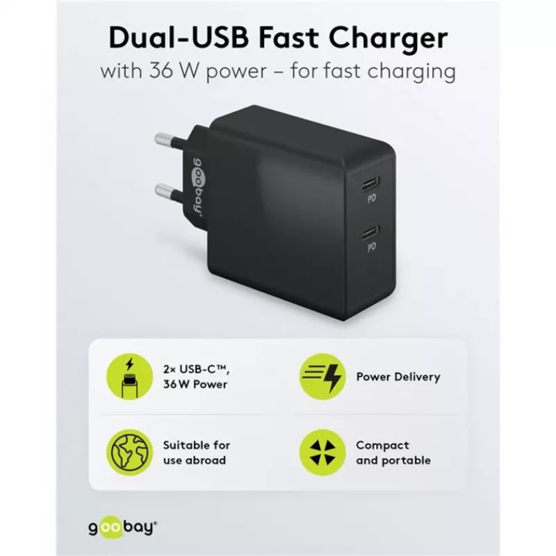 Vidinis įkroviklis Goobay 61757 Greitasis įkrovimas USB Type-C 2 prievadai Juodas