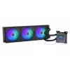 Viskas viename skysčio aušintuvas ENDORFY Navis F360 ARGB Juoda — 360 mm radiatorius, 3x 120×25 mm ventiliatoriai, 250–1800 aps./min., siurblys 1600–2600 aps./min., LGA 1700/AM5/AM4 palaikymas