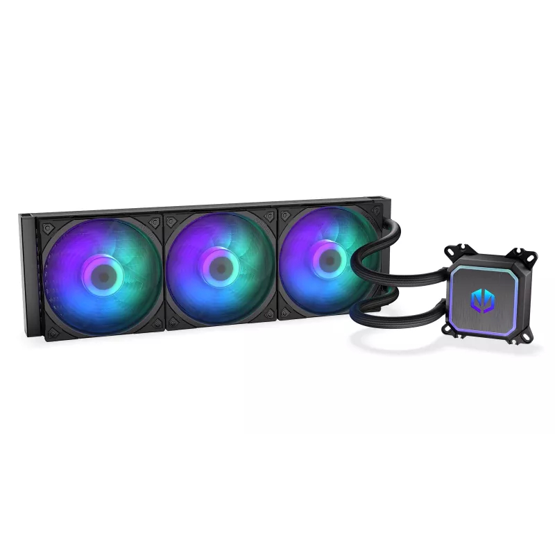 Viskas viename skysčio aušintuvas ENDORFY Navis F360 ARGB Juoda — 360 mm radiatorius, 3x 120×25 mm ventiliatoriai, 250–1800 aps./min., siurblys 1600–2600 aps./min., LGA 1700/AM5/AM4 palaikymas
