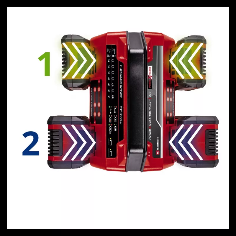 EINHELL Power X-Quattrocharger 4A – universalus Power X-Change įkroviklis, tinkamas 4 akumuliatoriams (LED būsenos indikacija | lygiagretus įkrovimas | greitas įkrovimas | įkrovimo valdymas | atnaujinimo režimas)