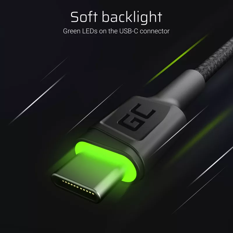 USB-C laidas Green Cell KABGCSET02 1,2 m (USB A į USB C, 2,4 A, 480 Mbps) 3 vnt. rinkinys su LED foniniu apšvietimu